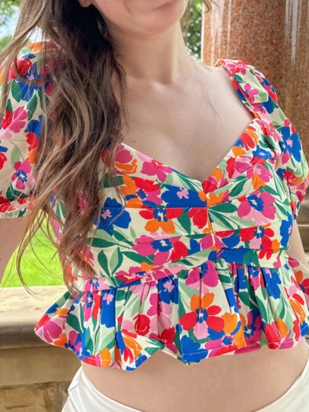 FORE Vibrant Floral Puff Sleeve Indie Peplum Fairycore  Crop Top size medium